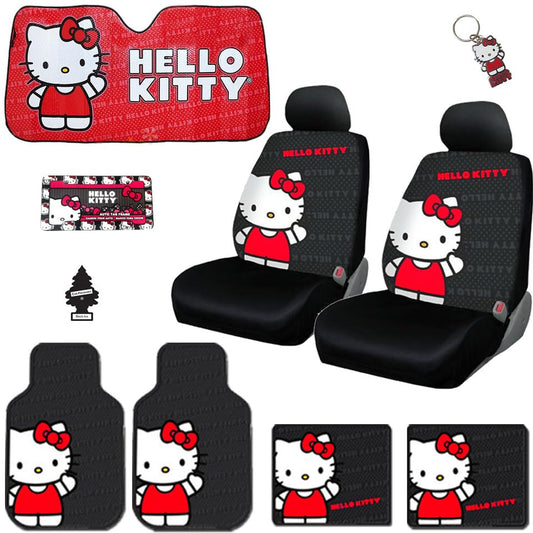 New 10PC Hello Kitty Core Auto Car Truck SUV Seat Covers Floor Mats Accessories Interior Combo Kit Bundle Gift Set - Yupbizauto