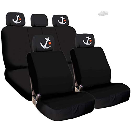 New Yupbizauto Black Flat Cloth Universal Fit Car Truck SUV Seat Covers With Embroidery Logo Headrest Covers Support 60/40 Split Seats (Anchor) - Yupbizauto