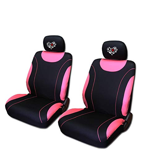 NEW 12 Pieces Pink Flat Cloth Front and Rear Car Seat Covers With Embroidery Paws Heart Headrest Covers and Gift Universal Size - Yupbizauto