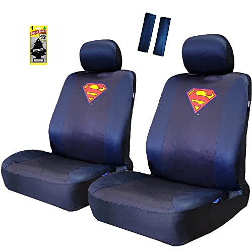 Pair DC Comic Superman Logo Car Seat Covers Shoulder Pads Set from BDK Bundle with Air Freshener - Yupbizauto