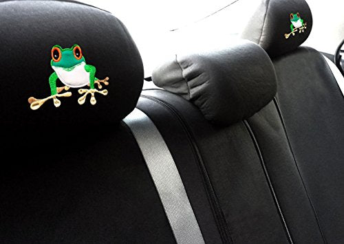 New Black Flat Cloth Universal Fit Car Seat Covers With Embroidery Logo Headrest Covers Support 60/40 Split Seats (Frog) - Yupbizauto