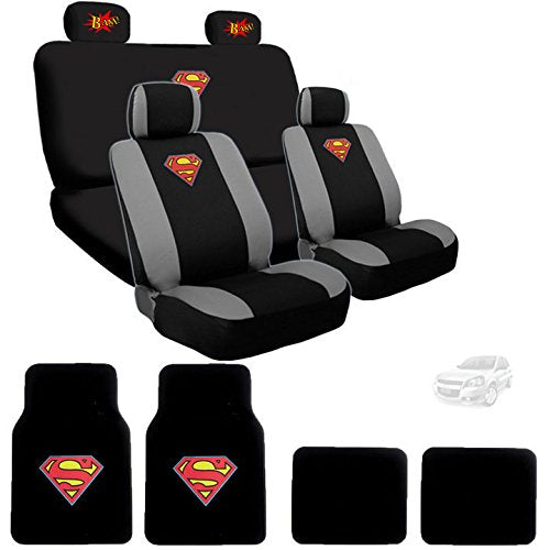 Ultimate Superman Car Seat Covers Floor Mats Set from BDK Bundled with Classic BAM! Logo Headrest Covers - Yupbizauto