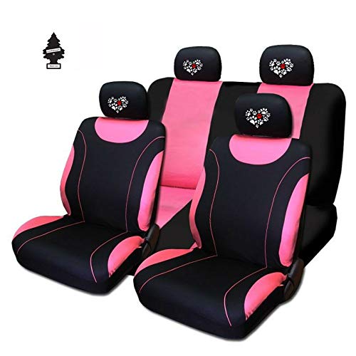 NEW 12 Pieces Pink Flat Cloth Front and Rear Car Seat Covers With Embroidery Paws Heart Headrest Covers and Gift Universal Size - Yupbizauto