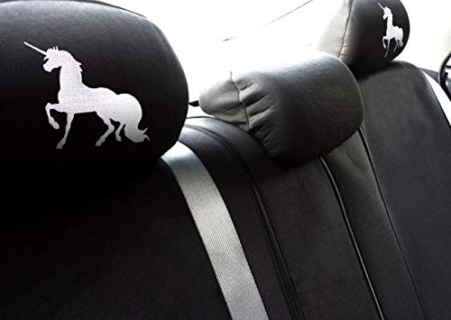 New Black Flat Cloth Universal Fit Car Seat Covers With Embroidery Logo Headrest Covers Support 60/40 Split Seats (Unicorn) - Yupbizauto