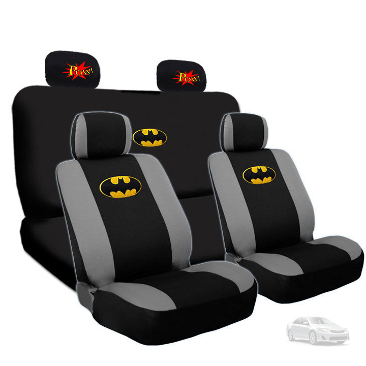 Deluxe BDK Batman Car Seat Covers with 2 Classic POW! Logo Headrest Covers Bundled Gift Set - Yupbizauto