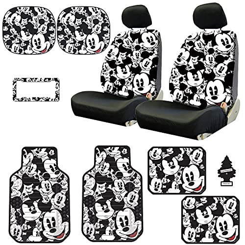 Yupbizauto Disney Mickey Mouse Design Low Back Car Seat Covers Spring Shades Floor Mats License Plate Frame Accessories Set with Air Freshener - Yupbizauto