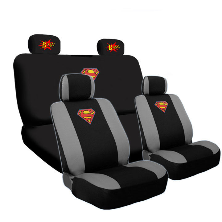 Deluxe Superman Universal Size Soft Black and Grey Color Fabric Car Truck SUV Seat Covers from BDK bundle with 2 Classic BAM Logo Headrest Covers Bundled Gift Set - Yupbizauto