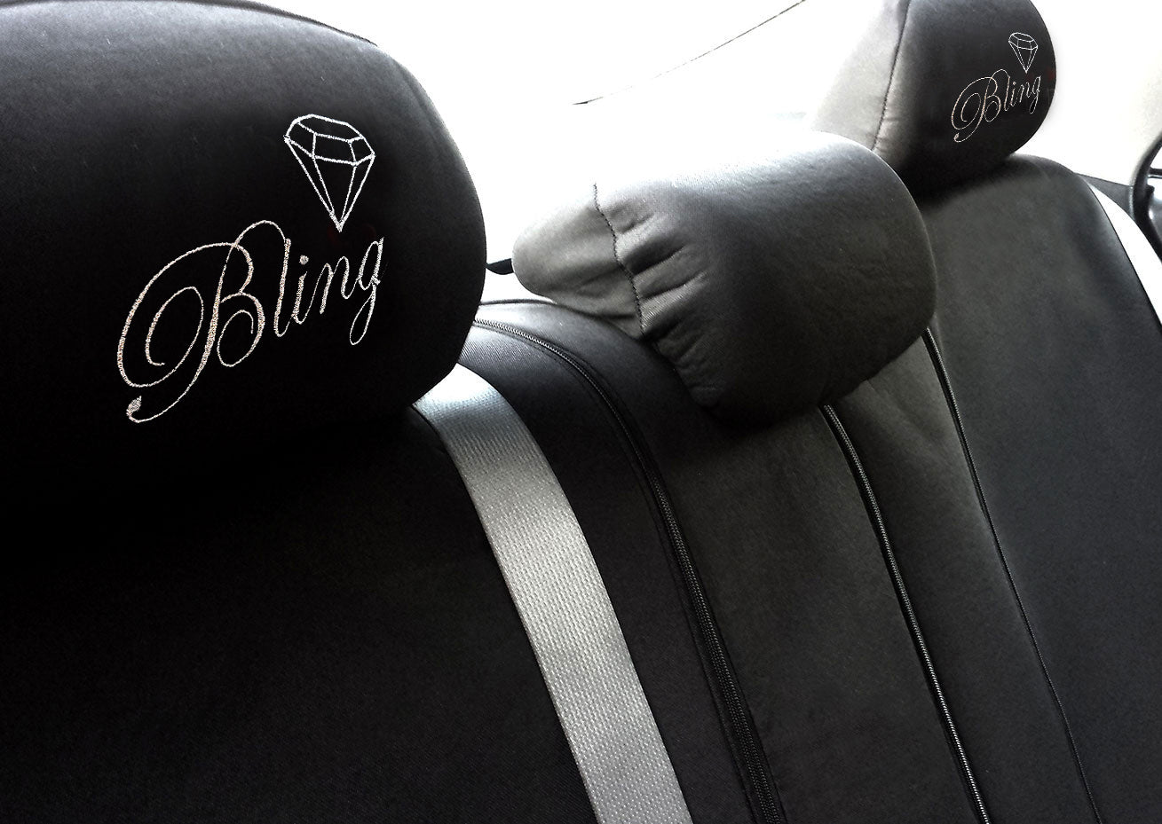 Embroidery Silver Glitter Bling Logo Design Auto Truck SUV Car Seat Headrest Cover Accessory 1 Pair - Yupbizauto