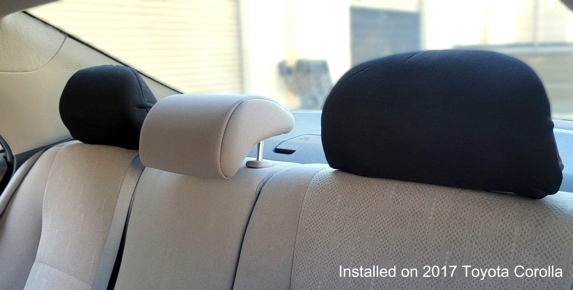 2X Cars Trucks & Cover Plain Solid Black Polyester Universal Headrest Cover installed on rear headrests.                    