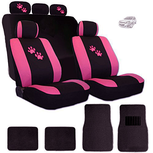 Yupbizauto 2 Tone Black and Pink Polyester Cloth with Pink Paws Logo Front and Rear Car Seat Covers with 4 Black Color Carpet Floor Mats Set Support 50/50, 60/40 Rear Split Seat for Women Universal Size - Yupbizauto