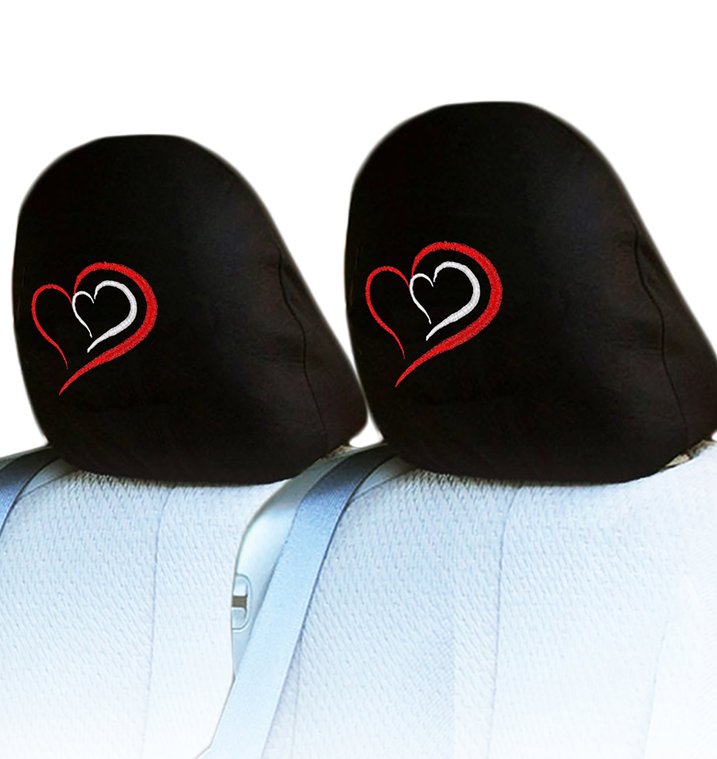 Car headrest covers with red and white heart design